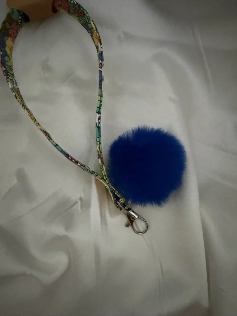 Handmade Multi-Color Floral Wristlet Keychain with Navy Blue Pompom